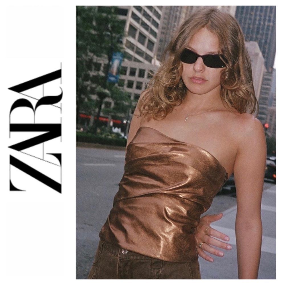 NWT Zara Bronze Metallic Cropped Strapless Gathered Top, Size Small